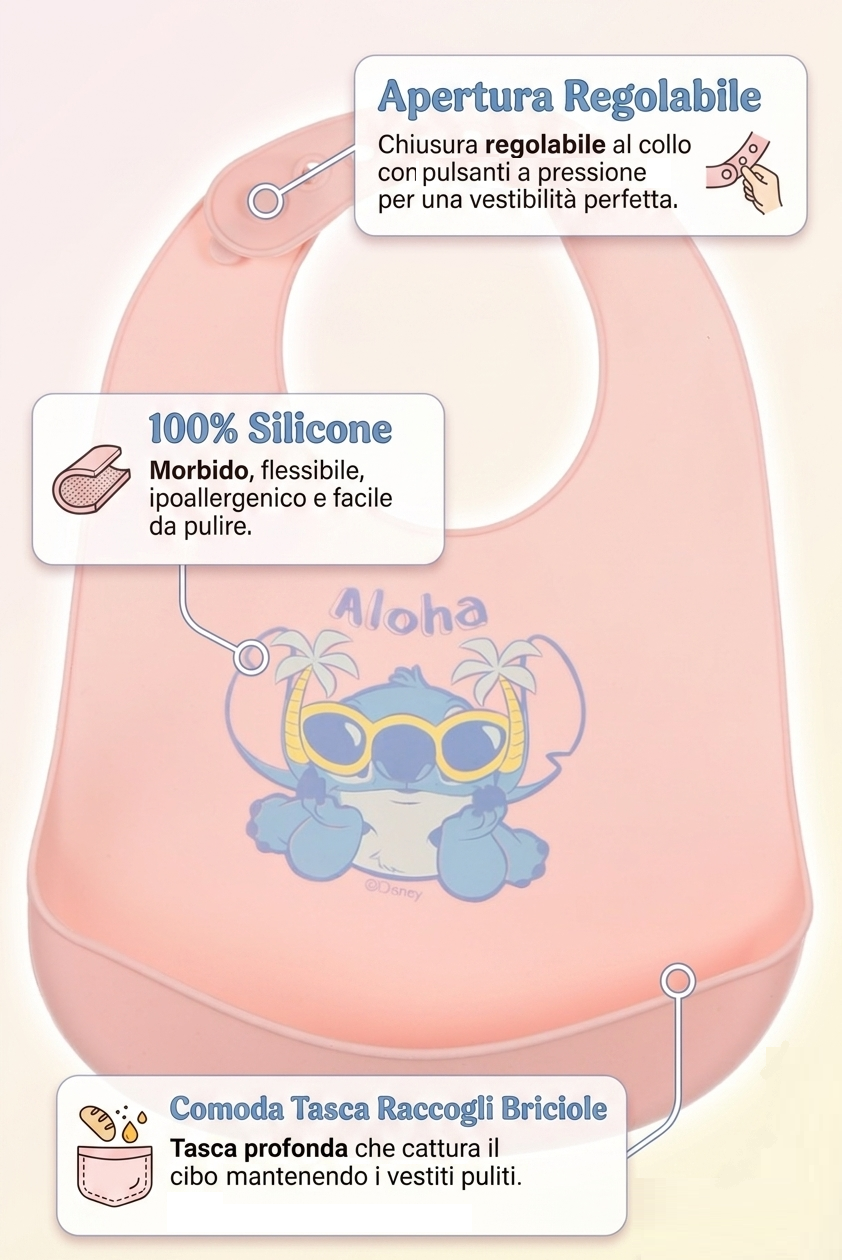 Bavetto Stitch DISNEY Bavaglino in Silicone 30 X 23 CM con Tasca Raccogli Briciole per Bambini - Ez09019