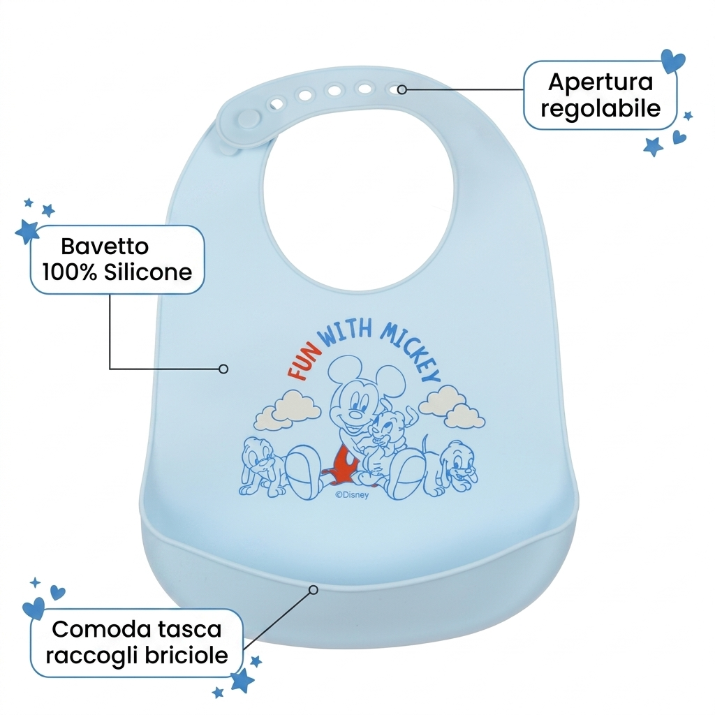 Bavetto Topolino DISNEY Bavaglino in Silicone 30 X 23 CM con Tasca Raccogli Briciole per Bambini - Ez09010