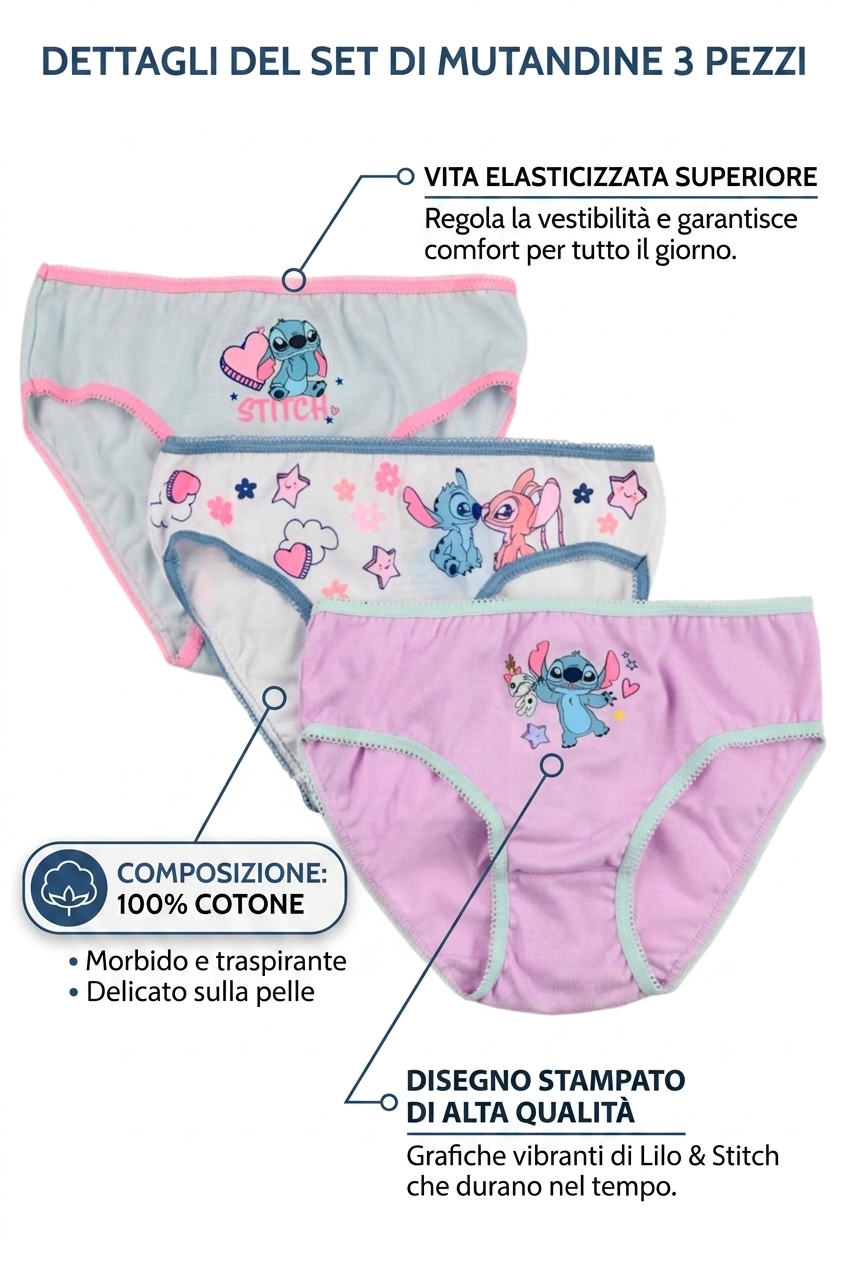 Mutandine Set 3 Pezzi Stitch DISNEY Slip in Cotone in Scatola 3/8 Anni- Ez30052