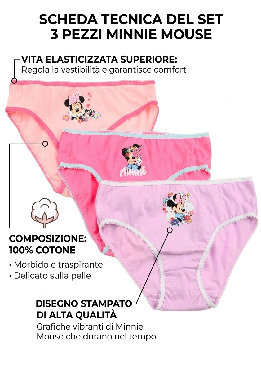 Mutandine Set 3 Pezzi Minnie DISNEY Slip in Cotone in Scatola 3/8 Anni- Ez30029