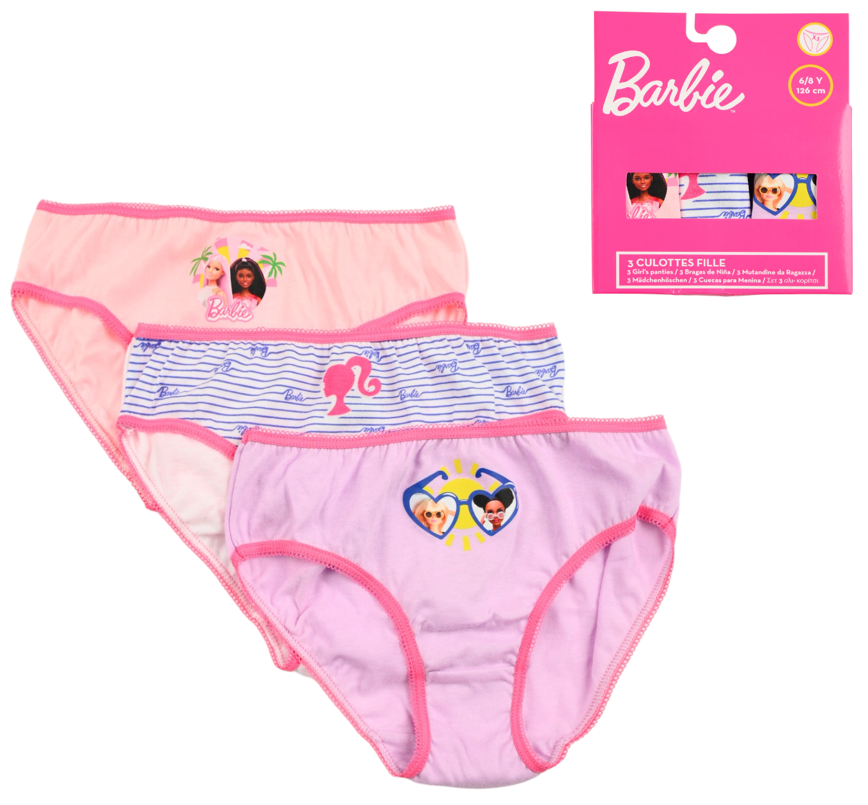 Mutandine Set 3 Pezzi Barbie Mattel Slip in Cotone in Scatola 4/10 Anni- Ez30006