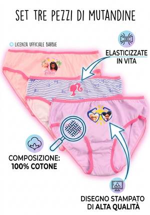Mutandine Set 3 Pezzi Barbie Mattel Slip in Cotone in Scatola 4/10 Anni- Ez30006