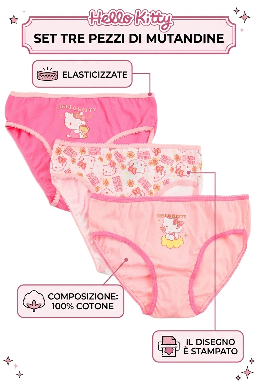 Mutandine Set 3 Pezzi Hello Kitty Sanrio Slip in Cotone in Scatola 3/8 Anni- Ez30044