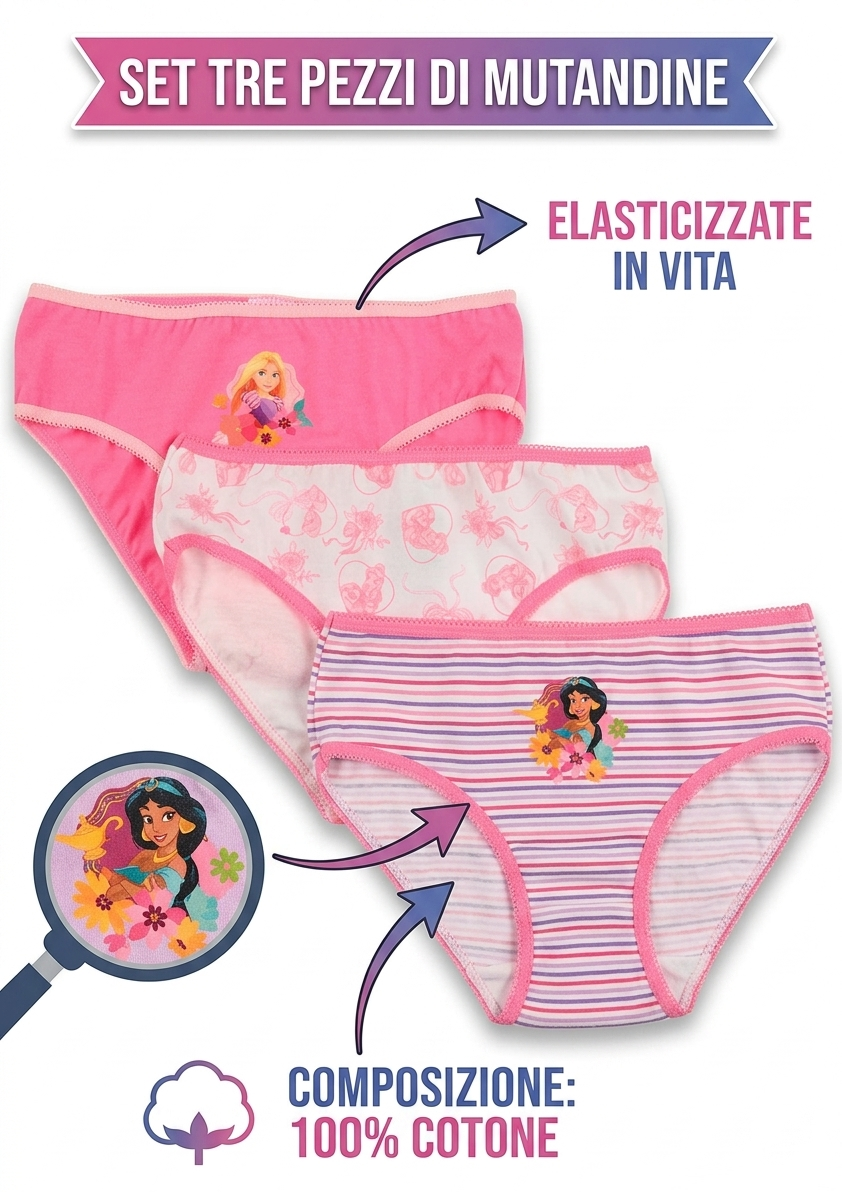 Mutandine Set 3 Pezzi Principesse DISNEY Slip in Cotone in Scatola 3/8 Anni- Ez30011