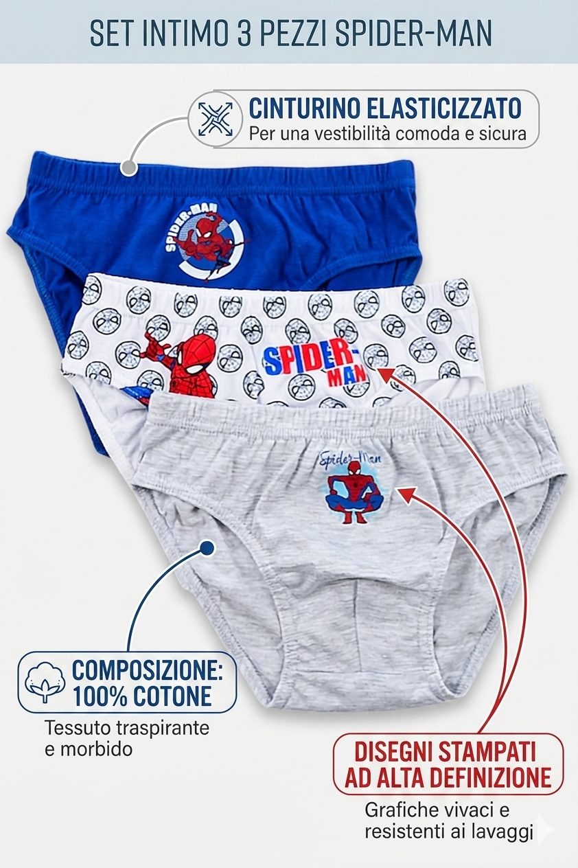 Mutandine Set 3 Pezzi Spiderman MARVEL Slip in Cotone in Scatola 3/8 Anni- Ez30036