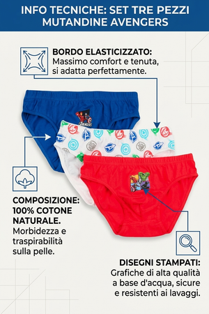 Mutandine Set 3 Pezzi Avengers MARVEL Slip in Cotone in Scatola 4/10 Anni- Ez30020