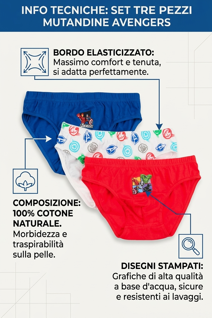 Mutandine Set 3 Pezzi Avengers MARVEL Slip in Cotone in Scatola 4/10 Anni- Ez30020
