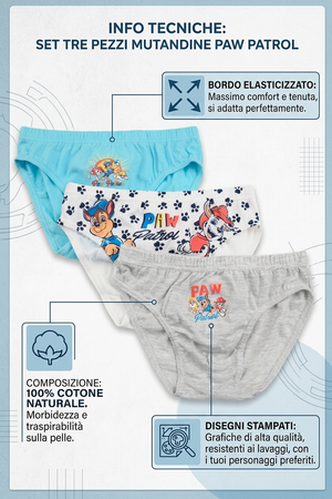 Mutandine Set 3 Pezzi Paw Patrol Slip in Cotone in Scatola 3/6 Anni- Ez30027