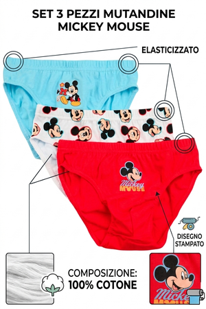 Mutandine Set 3 Pezzi Topolino DISNEY Slip in Cotone in Scatola 3/6 Anni- Ez30062