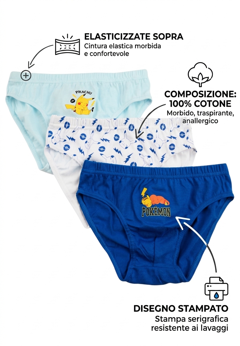 Mutandine Set 3 Pezzi Pikachu Pokemon Slip in Cotone in Scatola 3/6 Anni- Ez30004
