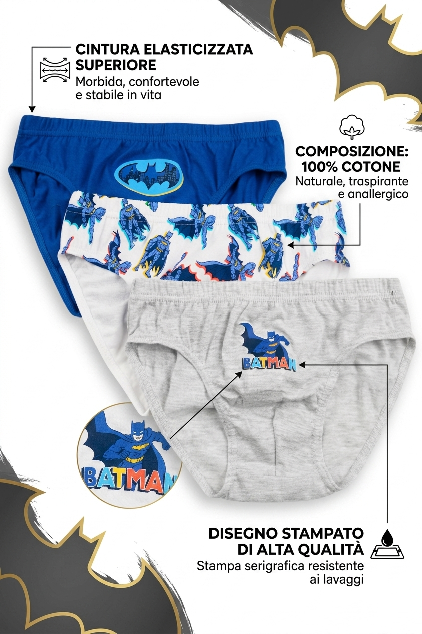 Mutandine Set 3 Pezzi Batman Slip in Cotone in Scatola 4/10 Anni- Ez30040
