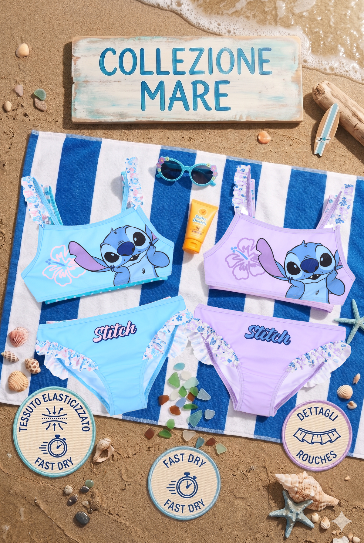 Costume da Bagno Stitch DISNEY Bikini Mare Due Pezzi Top e Slip Bambina - Ez18070azzurro