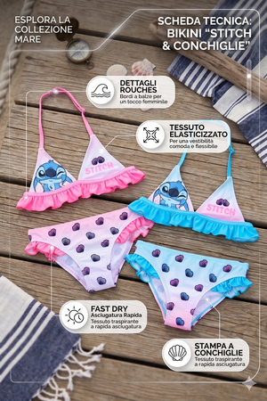 Costume da Bagno Stitch DISNEY Bikini Mare 2 Pezzi Top e Slip Bambina - Ez18072azzurro
