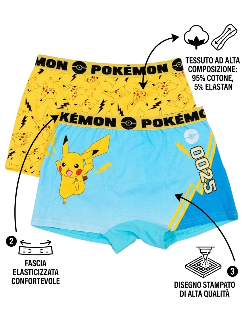 Boxer Set 2 Pezzi Pikachu Pokemon Mutande in Cotone 4/10 Anni - Ez30003/1