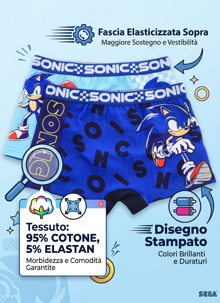 Boxer Set 2 Pezzi Sonic Mutande in Cotone 4/10 Anni - Ez30034/1