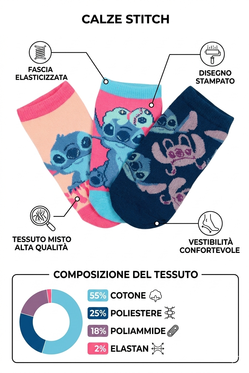 Calzini Stitch DISNEY in Misto Cotone 3 Paia Assortiti 23/34 - Ez06019/2
