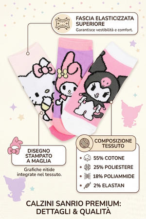 Calzini Hello Kitty Sanrio in Misto Cotone 3 Paia Assortiti 23/34 - Ez06011/1