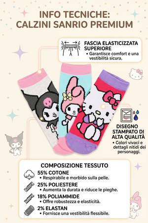 Calzini Hello Kitty Sanrio in Misto Cotone 3 Paia Assortiti 23/34 - Ez06011/2