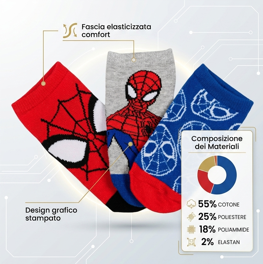 Calzini Spiderman MARVEL in Misto Cotone 3 Paia Assortiti 23/34 - Ez06042/1