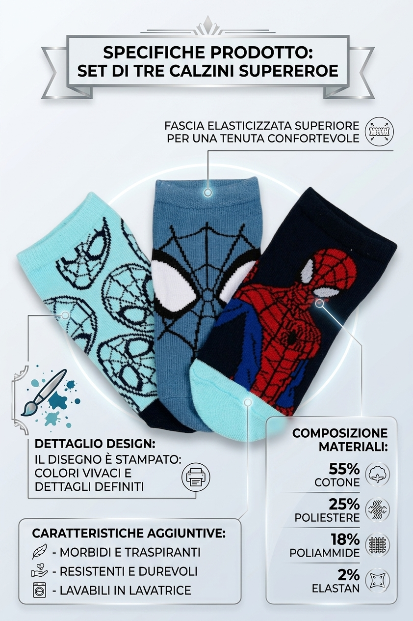 Calzini Spiderman MARVEL in Misto Cotone 3 Paia Assortiti 23/34 - Ez06042/2