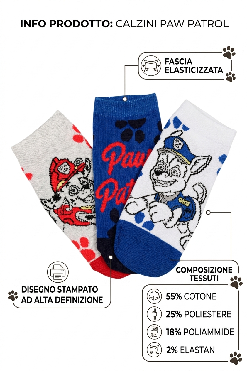 Calzini Paw Patrol in Misto Cotone 3 Paia Assortiti 23/34- Ez06032/2