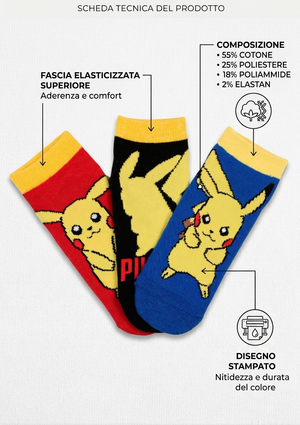 Calzini Pikachu Pokemonl in Misto Cotone 3 Paia Assortiti 27/37 - Ez06034/1