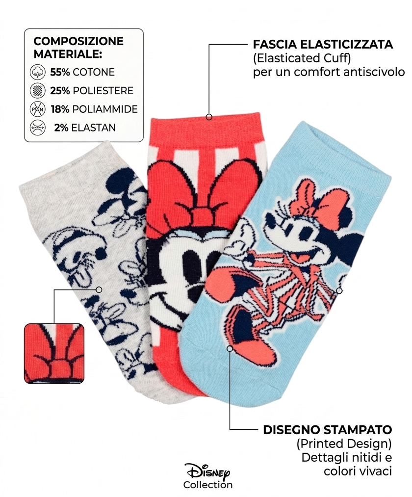 Calzini Minnie DISNEY in Misto Cotone 3 Paia Assortiti Adulto 36/41 - Ez39001/2