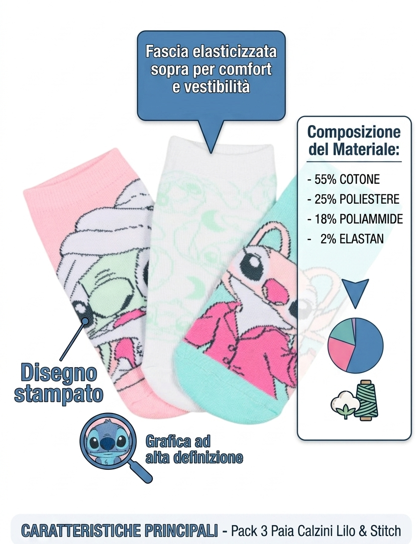 Calzini Stitch DISNEY in Misto Cotone 3 Paia Assortiti Adulto 36/41 - Ez39000/1