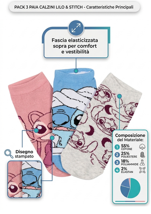 Calzini Stitch DISNEY in Misto Cotone 3 Paia Assortiti Adulto 36/41 - Ez39000/2