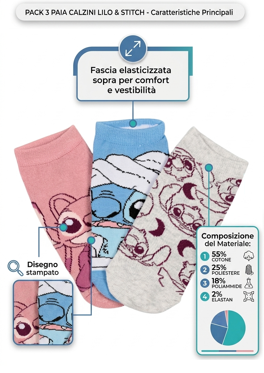 Calzini Stitch DISNEY in Misto Cotone 3 Paia Assortiti Adulto 36/41 - Ez39000/2