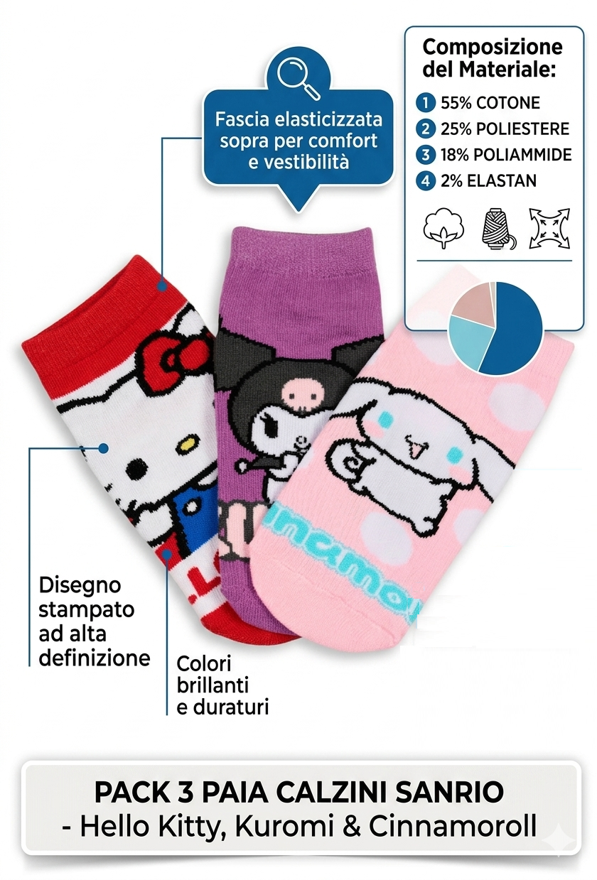 Calzini Hello Kitty Sanrio in Misto Cotone 3 Paia Assortiti Adulto 36/41 - Ez39005/1