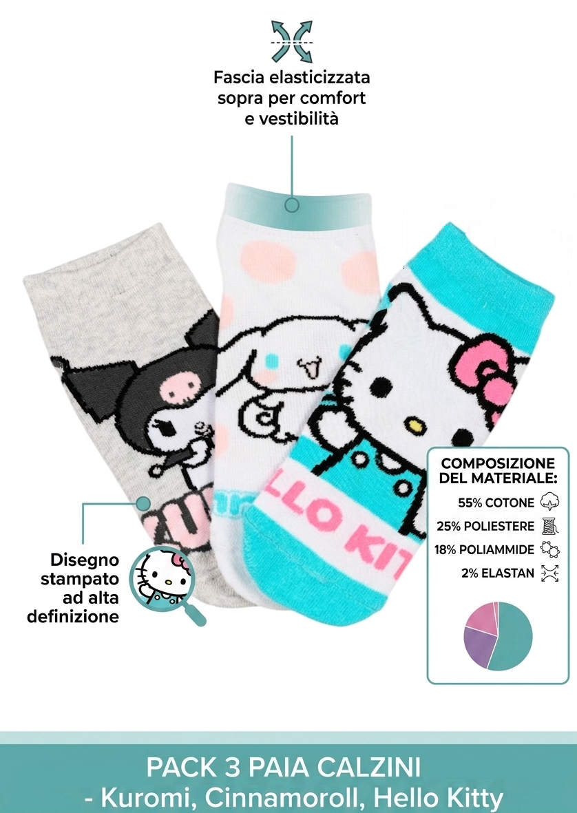 Calzini Hello Kitty Sanrio in Misto Cotone 3 Paia Assortiti Adulto 36/41 - Ez39005/2