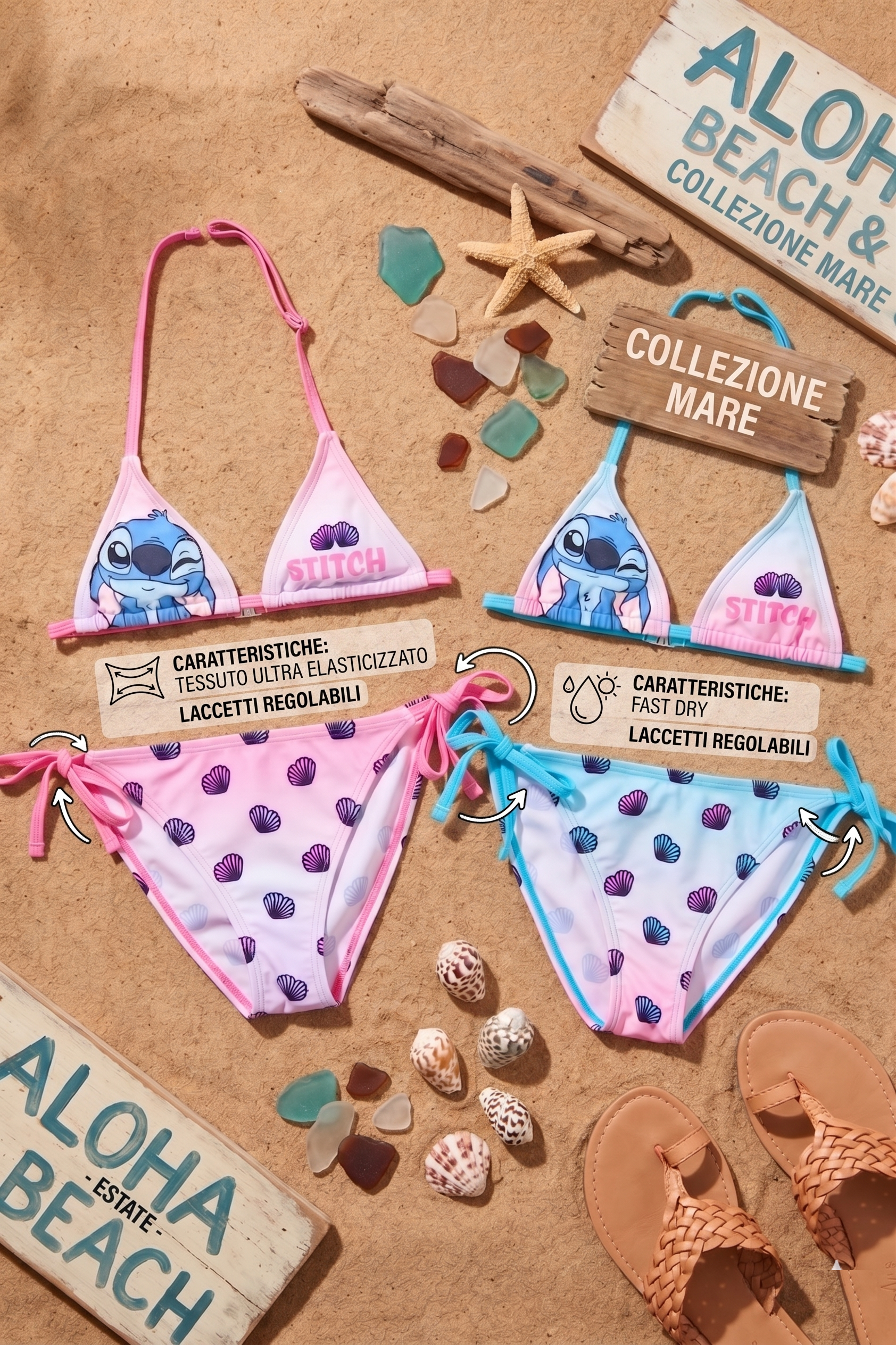 Costume da Bagno DISNEY Stitch 2 Pezzi Bikini Mare Top e Slip Bambina - Ez18232azzurro