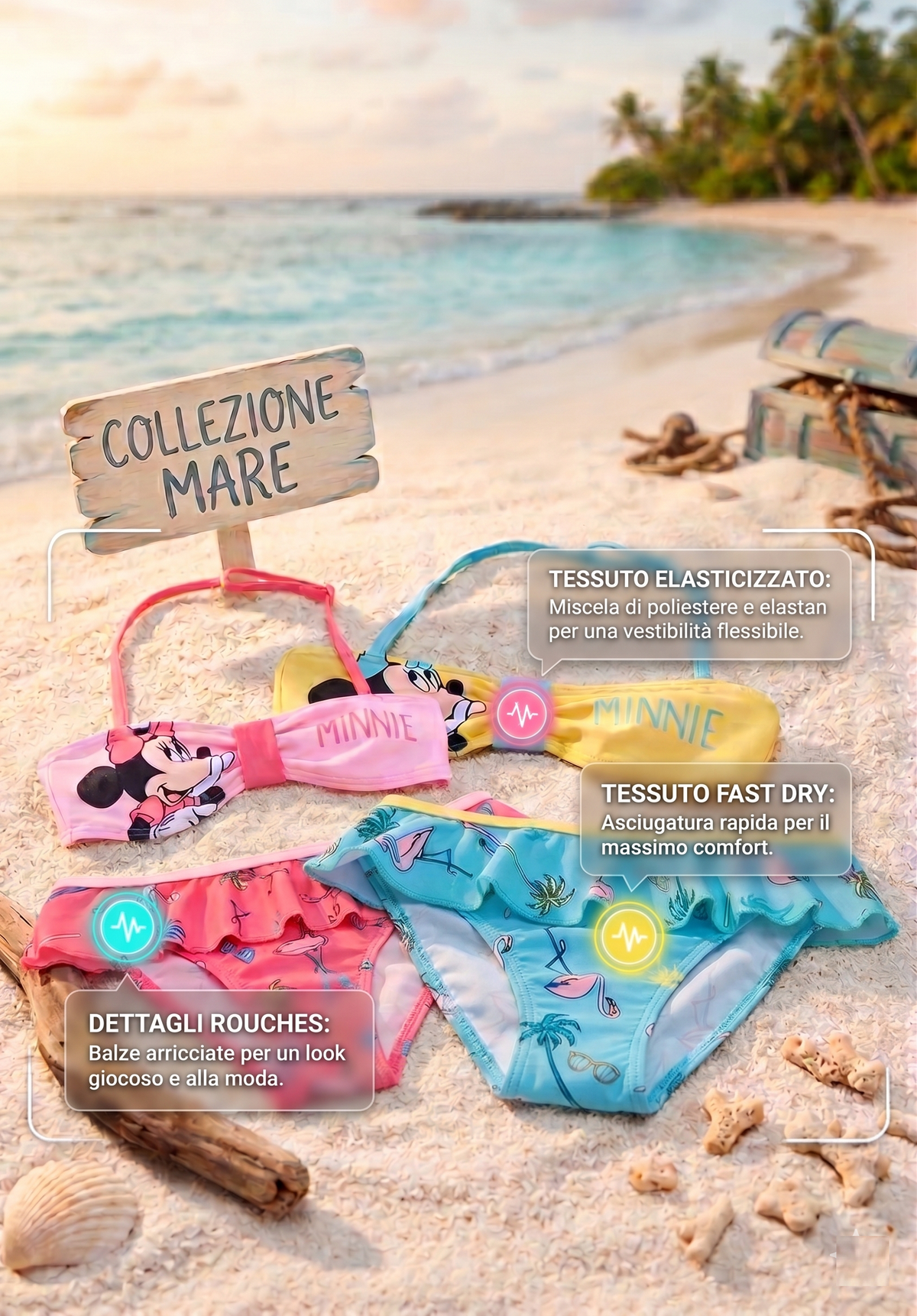 Costume da Bagno Minnie DISNEY 2 Pezzi Bikini Mare Top e Slip Bambina - Ez18102rosa