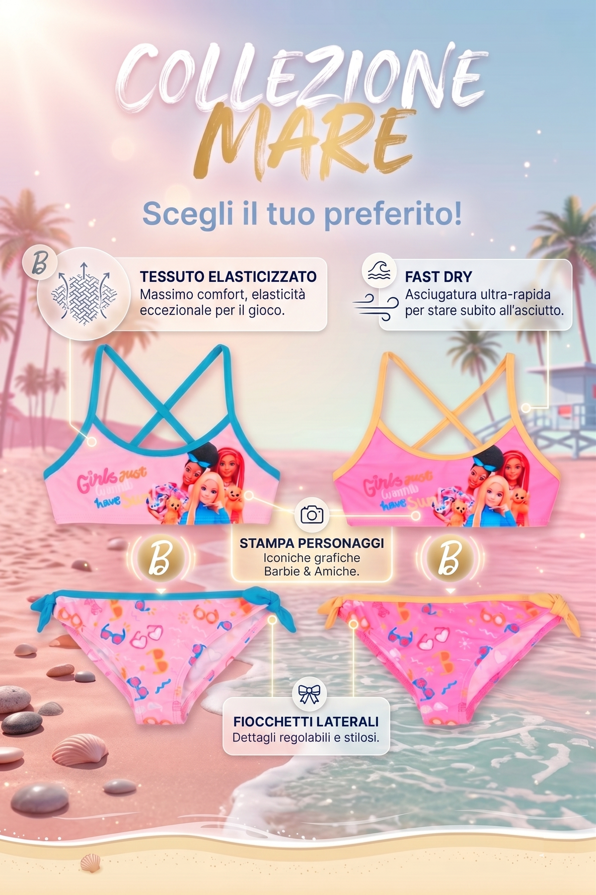 Costume da Bagno Barbie Mattel 2 Pezzi Bikini Mare Top e Slip Bambina - Ez18019fucsia