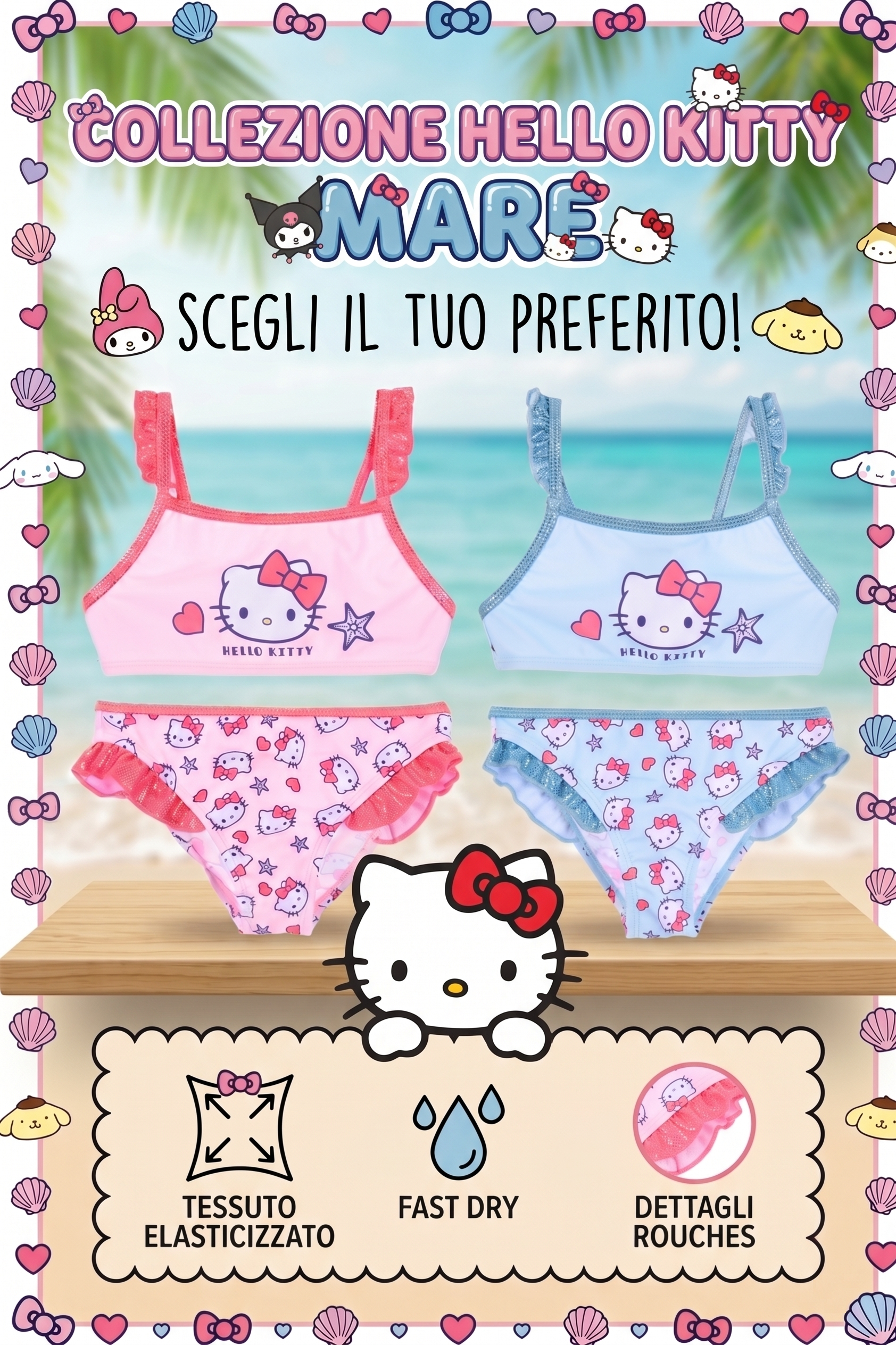 Costume da Bagno Hello Kitty Sanrio 2 Pezzi Bikini Mare Top e Slip Bambina - Ez18210celeste