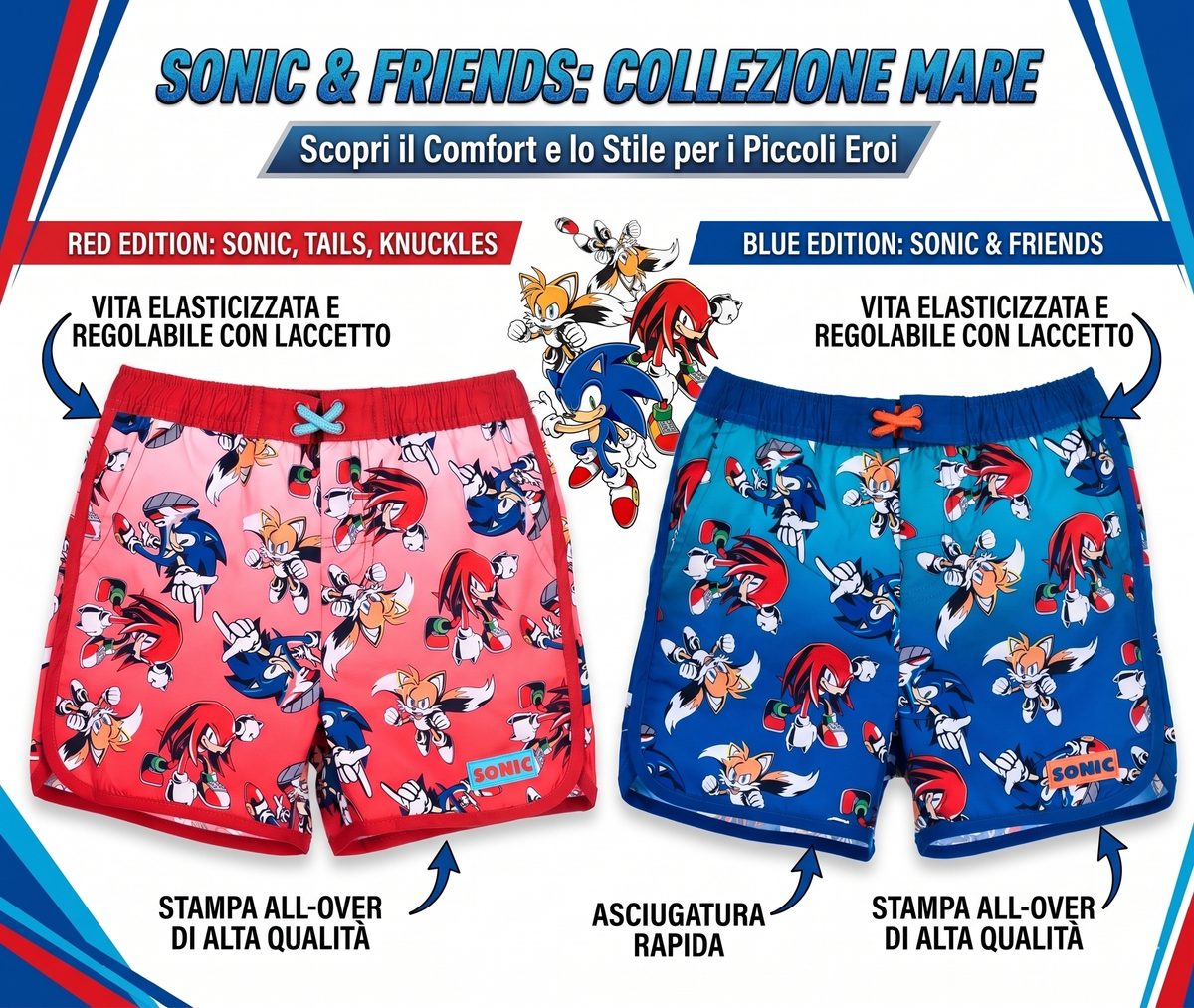 Costume da Bagno Sonic Knuckles Tails Modello Pantaloncini Mare Bermuda Bambini - Ez18148blu