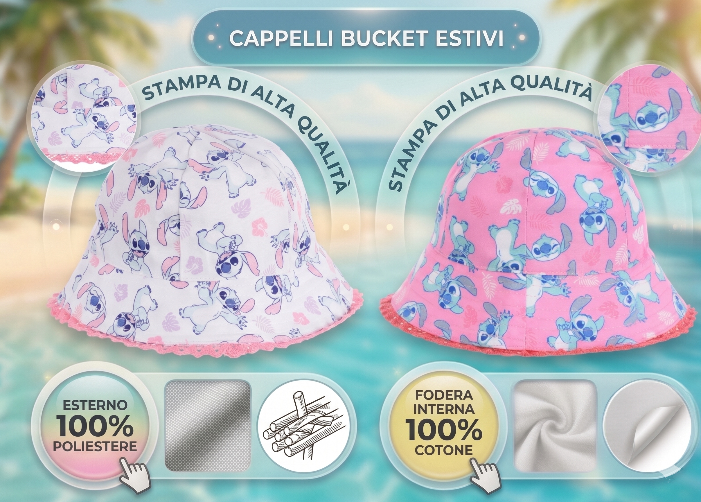 Cappello Stitch DISNEY Berretto Modello Alla Pescatora Bucket Bambina - Ez45001bianco