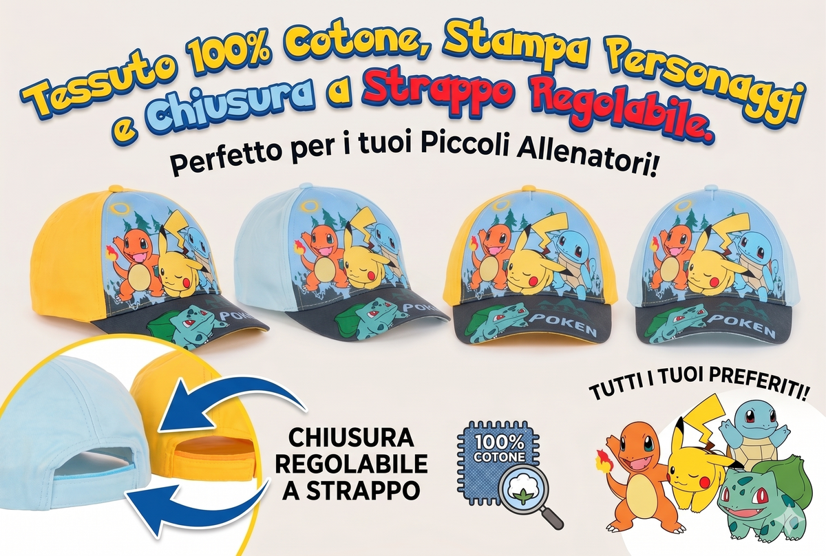 Cappello Pikachu Pokémon con Visiera Berretto Estivo Regolabile Bambino - Ez40006celeste