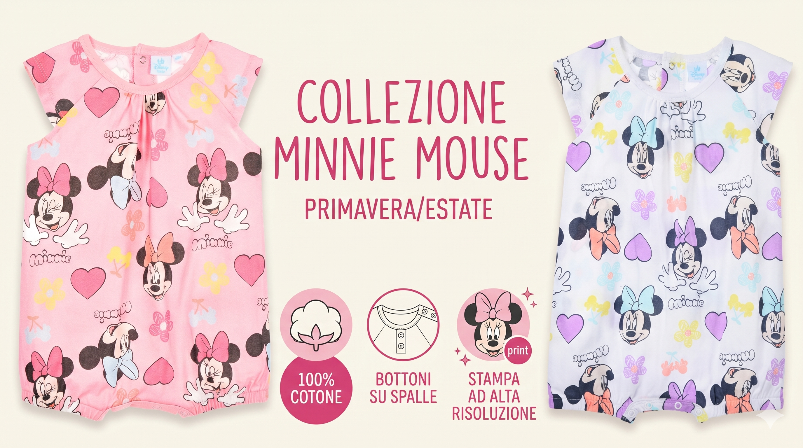 Pagliaccetto Minnie DISNEY Body Smanicato 100% Cotone Neonata - Ez00005bianco