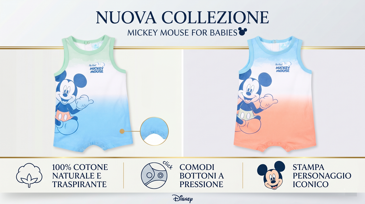 Pagliaccetto Topolino DISNEY Body Smanicato 100% Cotone Neonato - Ez00010blu
