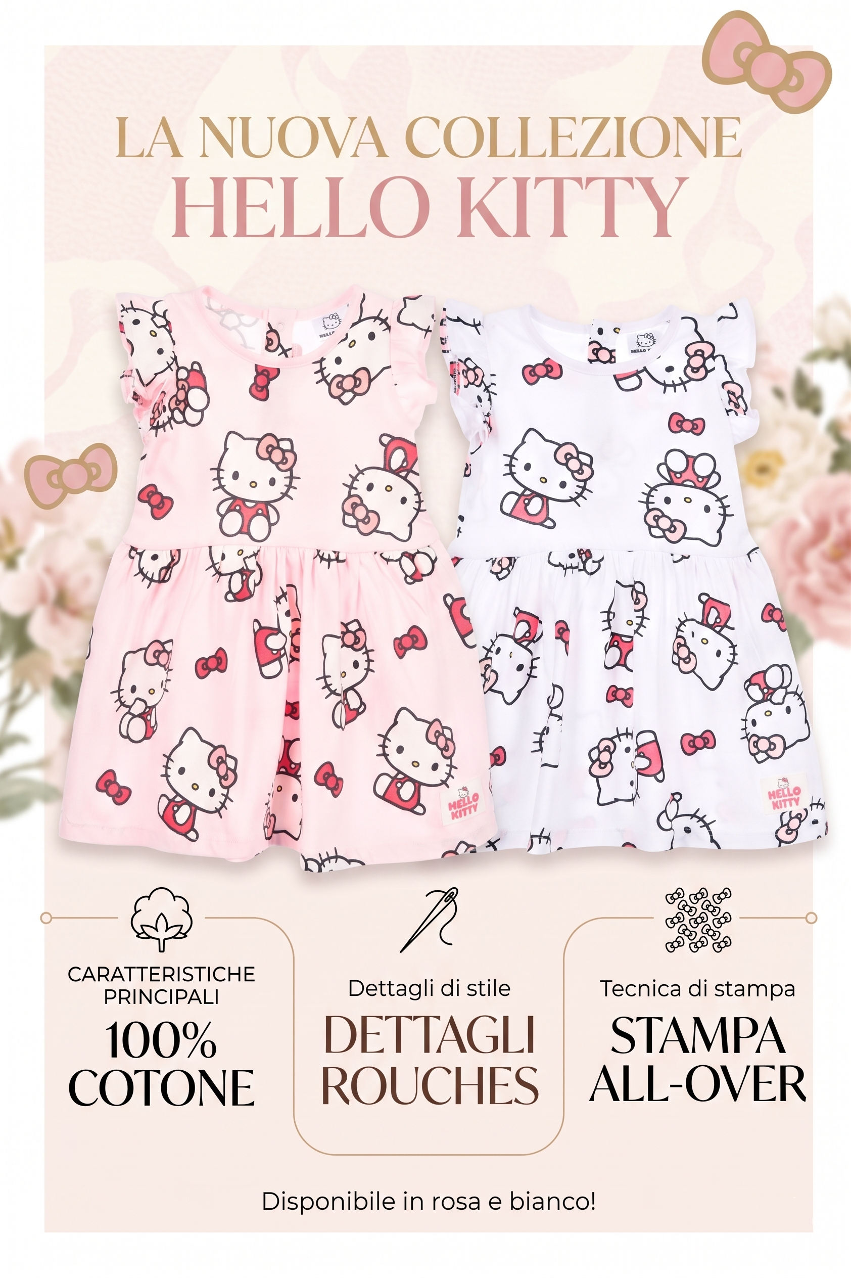 Abito Hello Kitty Sanrio Smanicato Neonata Vestitino Scamiciata in Cotone - Ez00016rosa