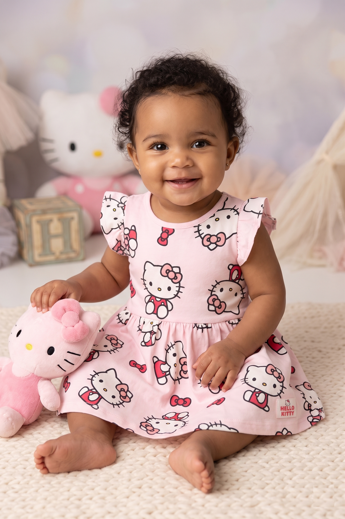 Abito Hello Kitty Sanrio Smanicato Neonata Vestitino Scamiciata in Cotone - Ez00016rosa