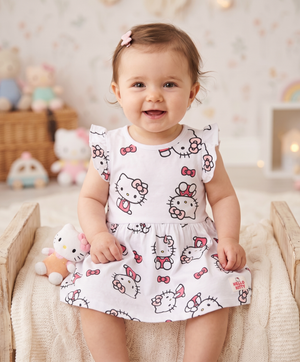 Abito Hello Kitty Sanrio Smanicato Neonata Vestitino Scamiciata in Cotone - Ez00016bianco