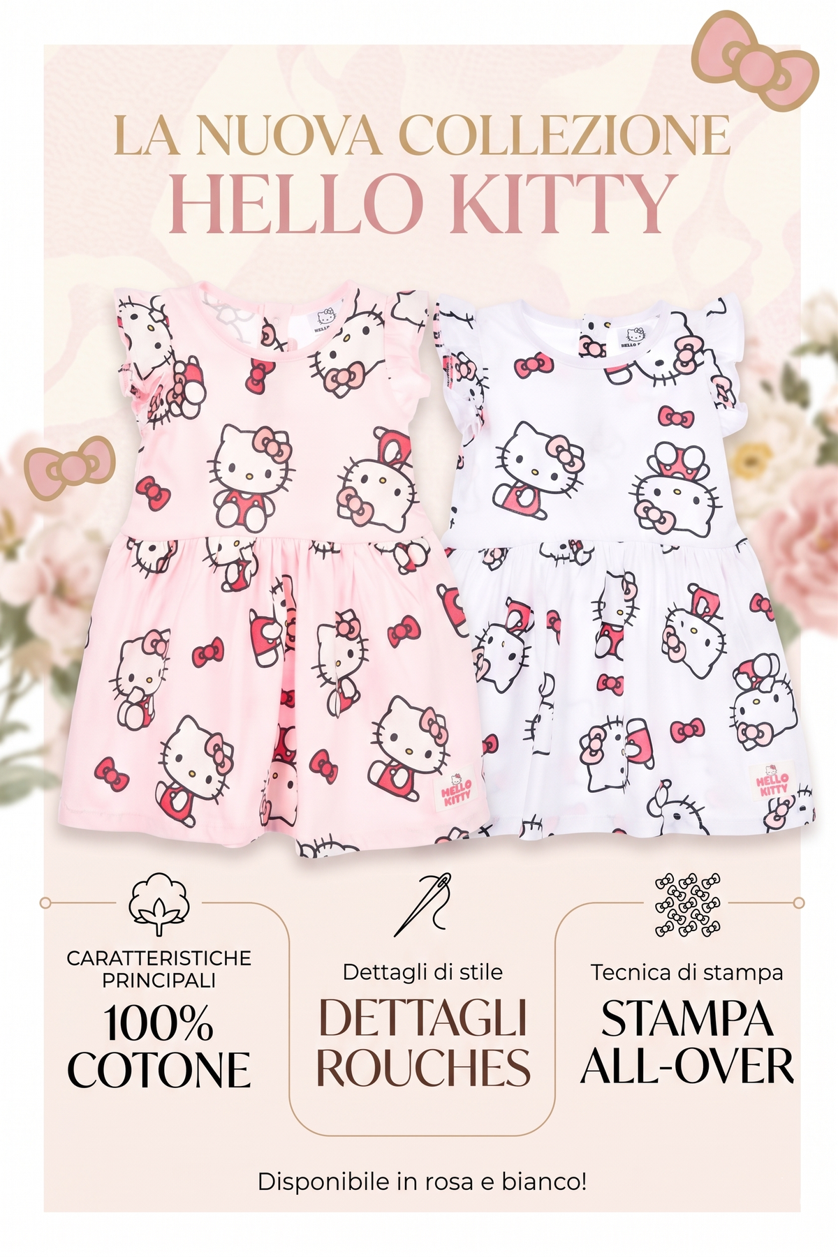 Abito Hello Kitty Sanrio Smanicato Neonata Vestitino Scamiciata in Cotone - Ez00016bianco