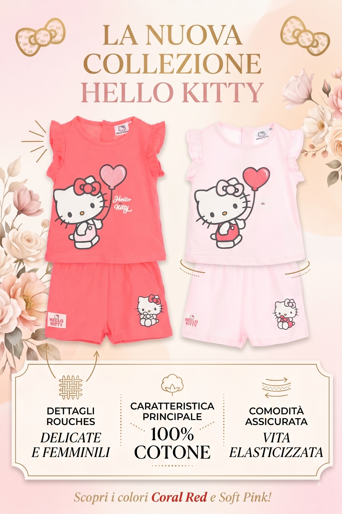Completo Hello Kitty Sanrio 2 Pezzi Canotta e Shorts in Cotone Neonata - Ez00017rosso