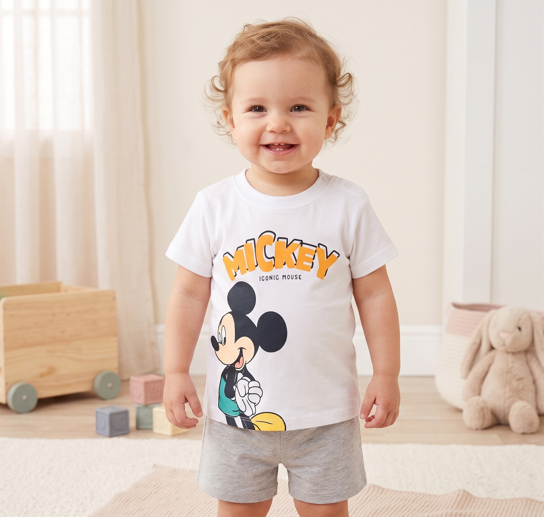 T-Shirt Maniche Corte Topolino DISNEY Maglietta 100% Cotone Neonato - Ez00011bianco