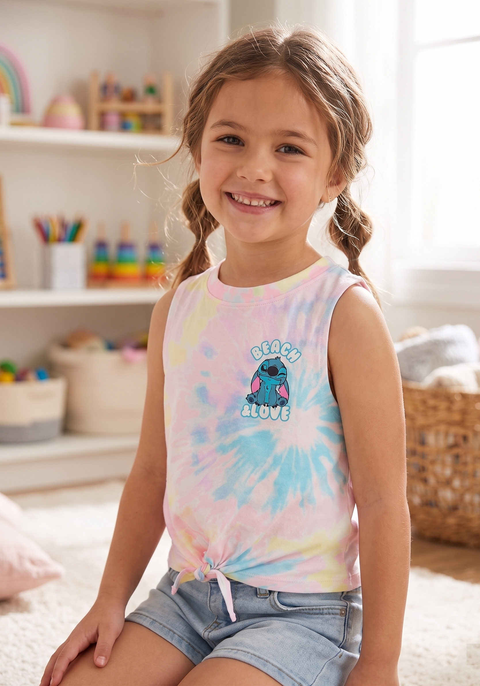 Canotta Stitch DISNEY Bambina Smanicata Tie-Dye con Nodo Frontale 100% Cotone - Ez10051rosa