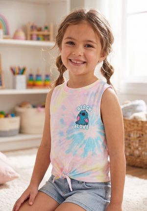 Canotta Stitch DISNEY Bambina Smanicata Tie-Dye con Nodo Frontale 100% Cotone - Ez10051rosa