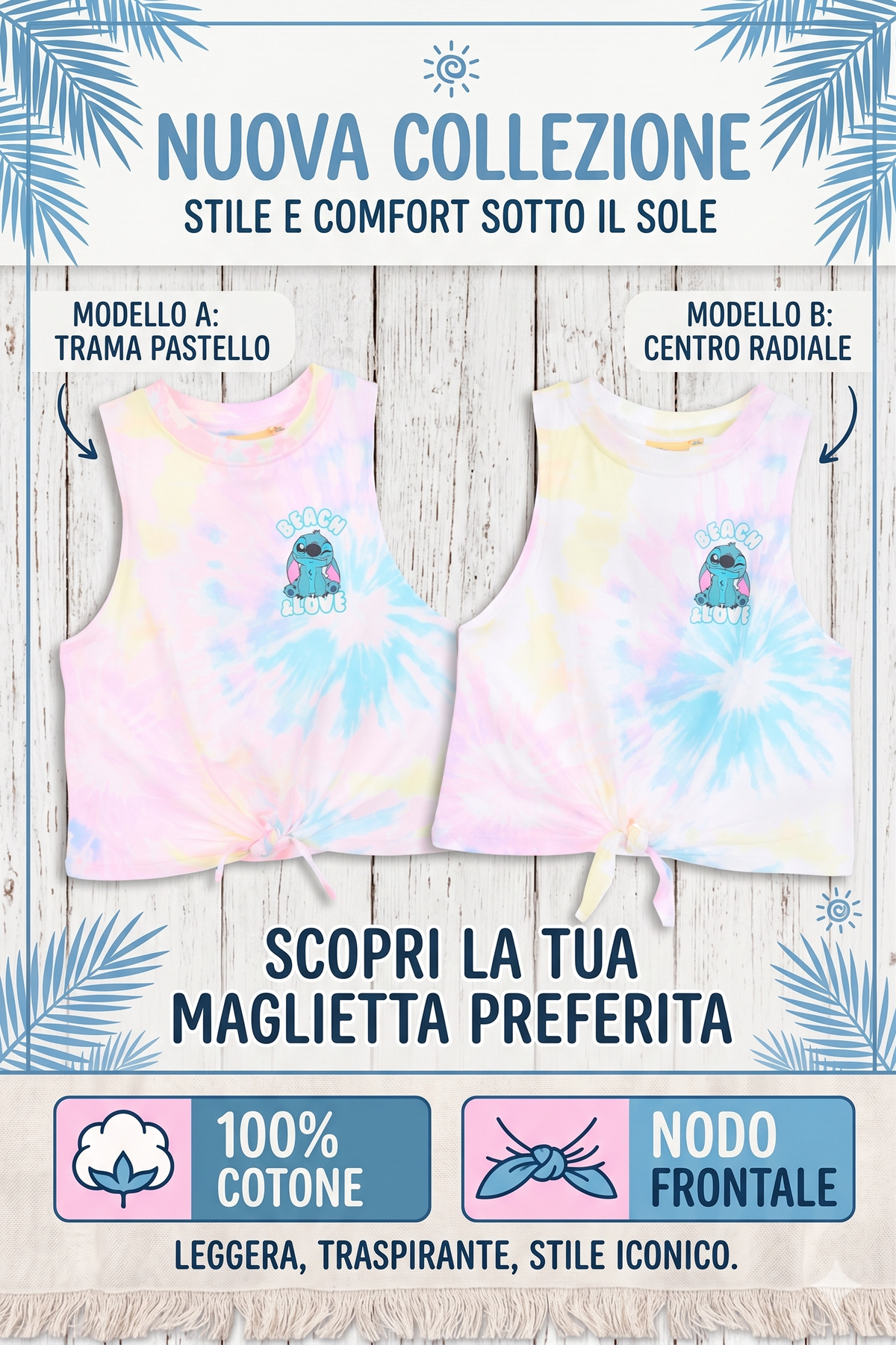 Canotta Stitch DISNEY Bambina Smanicata Tie-Dye con Nodo Frontale 100% Cotone - Ez10051rosa